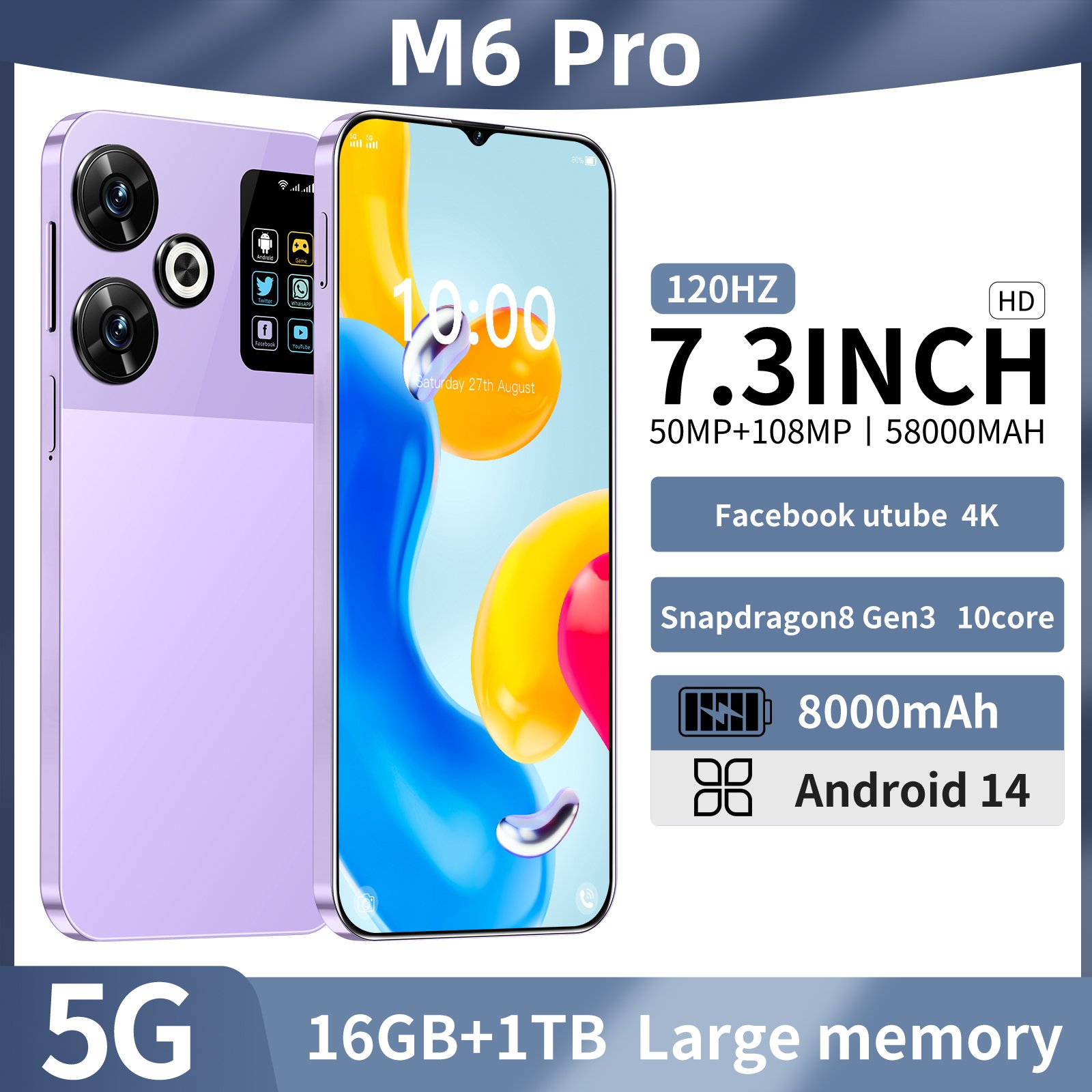 Wholesale Powerhouse 5G M6 Android Phones with Dual SIM 16GB RAM 1TB Storage and Advanced Face & Fingerprint Security